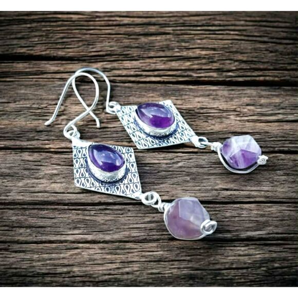 Amethyst Gemstone Dangle Earrings, Artisan Boho Chic Statement 3" - Picture 1 of 6